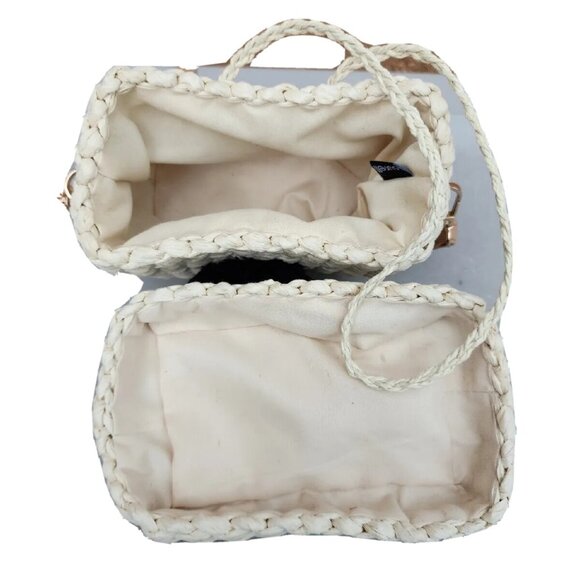 Surell Natural Straw Small Rectangle Basket Crossbody Handbag W/Black PomPom -EC - Picture 6 of 10